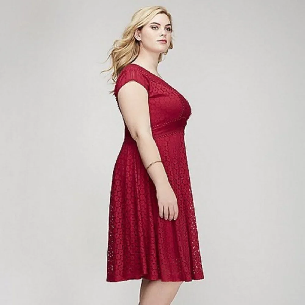 NWT LANE BRYANT 28W red lace short sleeve dress V-NECK - Picture 1 of 9